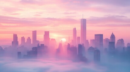 Fototapeta premium Serene Cityscape at Sunset with Pink and Purple Sky Hues