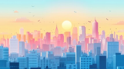 Fototapeta premium Vibrant City Skyline at Sunrise with Colorful Sky and Soft Clouds
