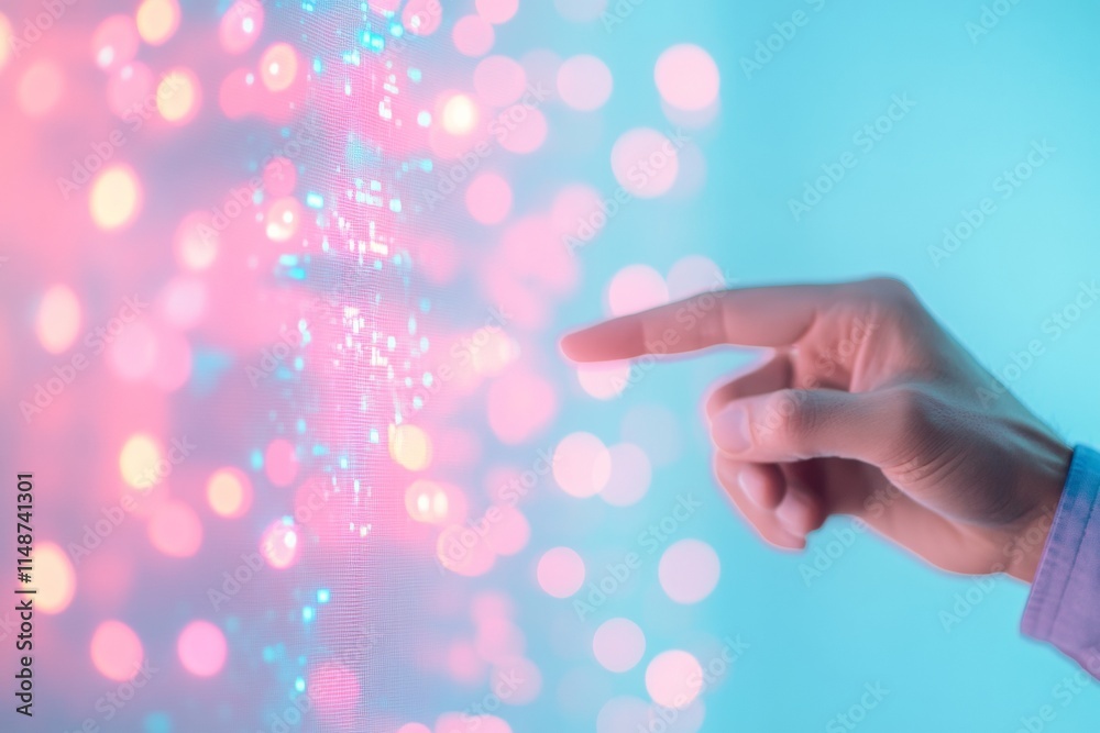 Poster hand pointing at abstract holographic display with soft pastel lighting