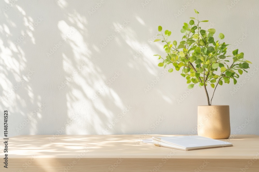 Poster sunlit study corner with greenery and notebooks a tranquil educational atmosphere