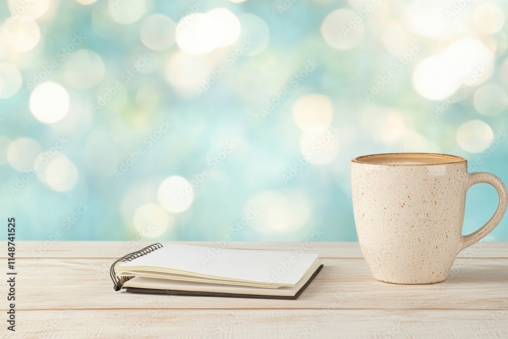 Poster cozy study scene with open notebook and coffee on wooden table