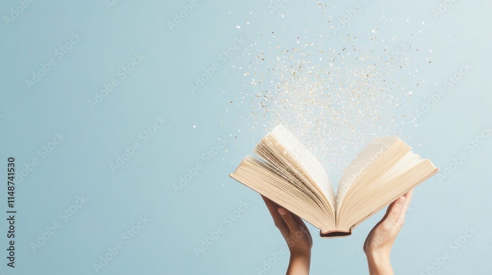 Aufkleber illuminated knowledge open book with golden light and glitter on blue background