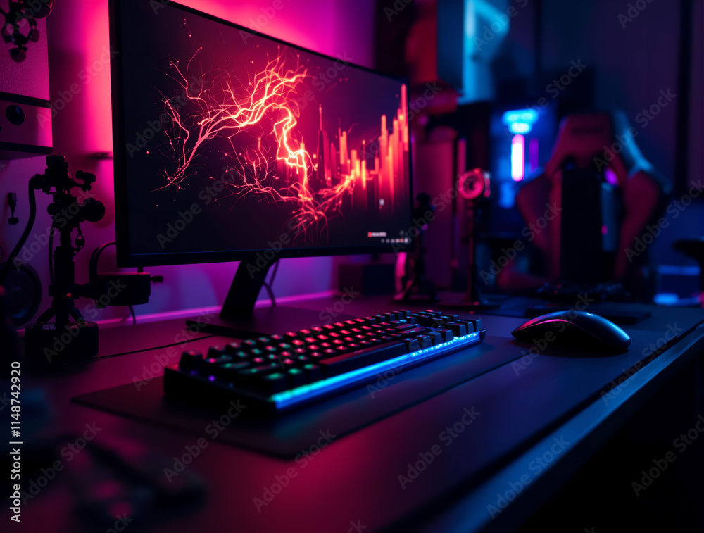 Aufkleber gaming setup with a large monitor displaying a cityscape, a keyboard and mouse with rgb lighting, an