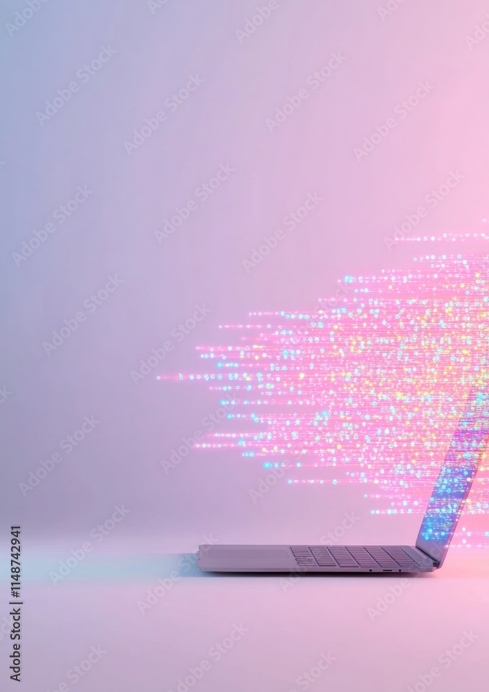 Poster glowing digital streams emanating from laptop in minimalistic tech environment