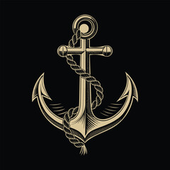 Vintage Nautical Anchor with Rope Illustration on Black Background