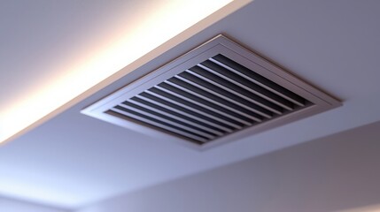 Air vent installed in a modern ceiling design with warm lighting