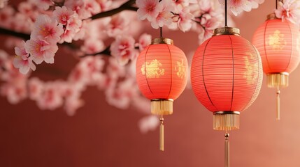 Fototapeta premium Red lanterns hanging near cherry blossom branches, symbolizing celebration and culture.