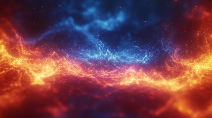 A vivid depiction of red and blue flames swirling together in a blurred abstract motion symbolizing chaos energy transformation conflict and duality representing both harmony and discord in dynamic te