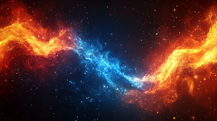 Naklejka premium A vivid depiction of red and blue flames swirling together in a blurred abstract motion symbolizing chaos energy transformation conflict and duality representing both harmony and discord in dynamic te
