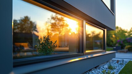 Reflections of a serene sunset outside a modern building in early evening light