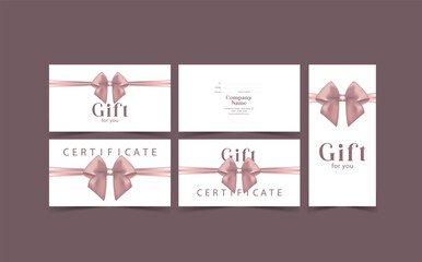 Gift card template with realistic red bow. Certificate, coupon, flyer design. Discount card for shop or boutique. Vector illustration