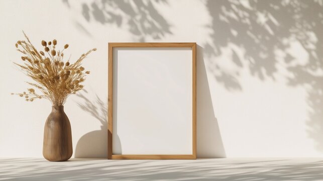 Simple display of wooden picture frame near vase with dried flowers. Clean, minimalist setup. Ideal for artwork personal photos. Elegant, natural aesthetic. Perfect for interior design inspiration