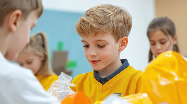 Recycling and Resource Saving, A young boy in a yellow shirt focuses on a task, surrounded by classmates. The scene captures children engaged in a creative or educational activity.