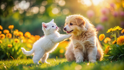 Fototapeta premium Puppy and kitten playing in a vibrant flower field