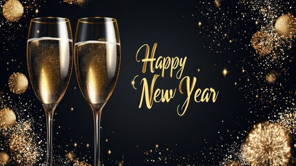 Happy New Year celebration with champagne flutes, fireworks, and golden confetti against a dark backdrop.