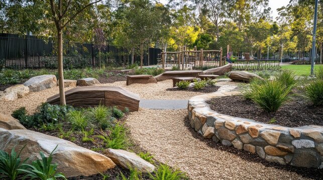 A park with a gravel pathway, wooden benches, and large rocks. There are some trees and bushes in the background, and a playground can be seen in the distance. - Powered by Adobe
