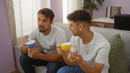 Father and son share loving moments while drinking coffee together in their cozy living room at home, reflecting their close family bond and warm interior setting.