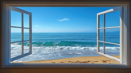 Expansive view of a tranquil beach through an open casement window on a clear day