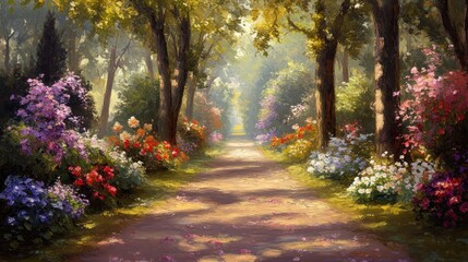 Fototapeta premium A sun-drenched path winds through a lush forest, bursting with vibrant flowers. The light filters through the trees, casting dappled shadows on the ground.