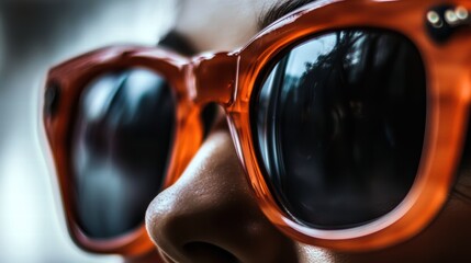 Close-up of a young woman wearing stylish orange sunglasses, exuding confidence and flair.