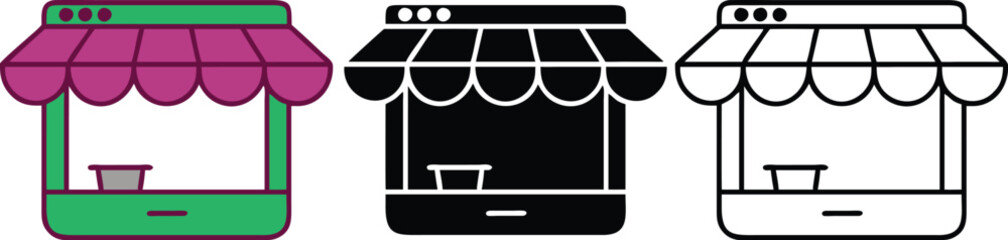 Online Shop Icons Ecommerce, Retail, Mobile Store, Business, Website, Digital Marketplace, Awning, S