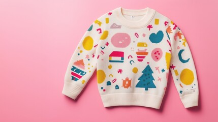 A Christmas sweater design for kids, featuring colorful patterns on a pastel background.