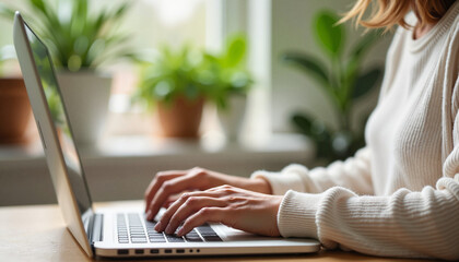 Woman typing on a laptop in a bright home office with green plants.