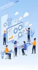 Programming team building a mobile application, showcasing collaboration, creative problem-solving and modern technology trends.
