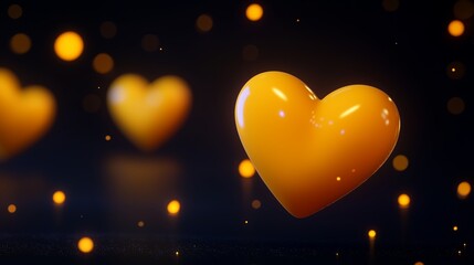 3D glowing yellow hearts floating in the air, with a dark background and lights.