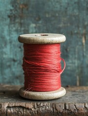 Vintage spool of red thread on rustic surface.