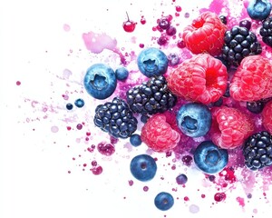 Fresh raspberries, blackberries, and blueberries scattered on a white background with berry juice splatter.