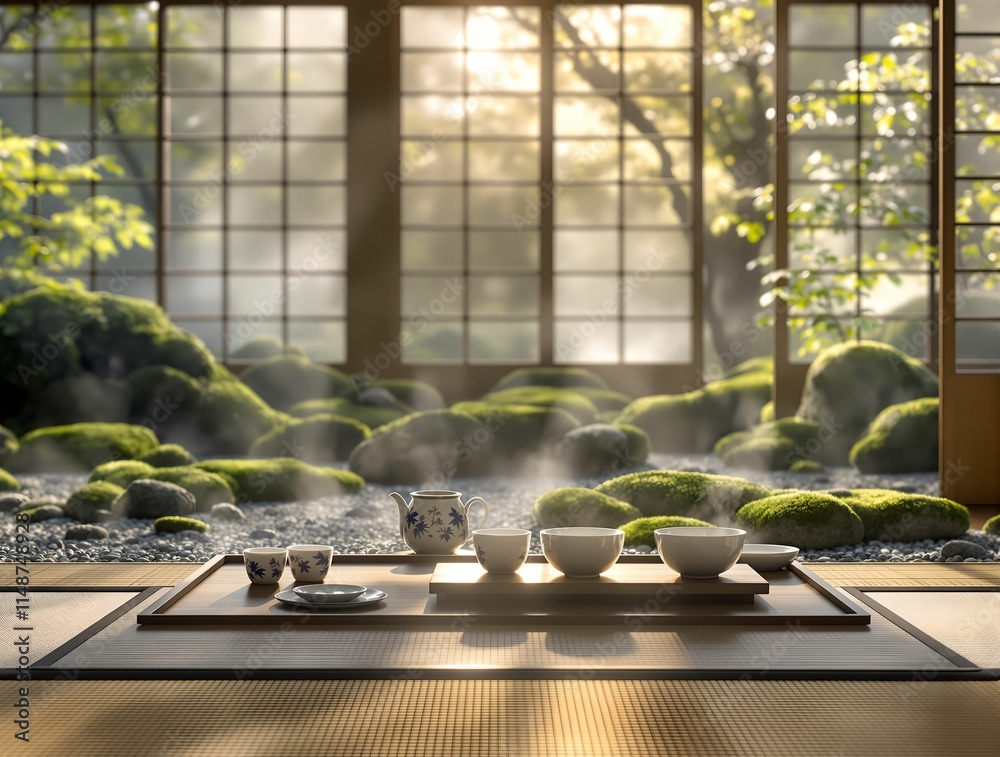 Poster traditional japanese tea ceremony setting with a wooden tray, cups, and tea implements placed on a r