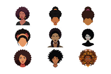Trendy Curly Afro Hairstyles African Women Vector Line Art Collection