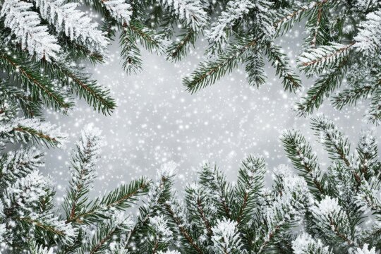 A serene winter scene with snowcovered pine branches provides an ideal backdrop for seasonal promotions and delightful holiday graphics, capturing the essence of a magical winter wonderland