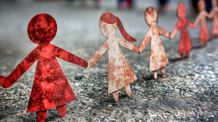 Colorful paper dolls in red and pink shades holding hands, symbolizing unity.