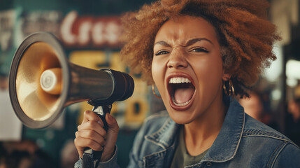 Passionate black woman shouting into a megaphone, embodying activism for International Women's Day
