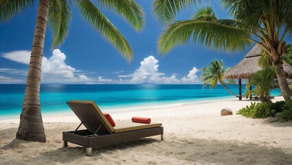 Relaxing Tropical Paradise Beach, Featuring a Sunlounger on White Sand, Crystal Clear Waters, and a Perfect Tropical Getaway Setting