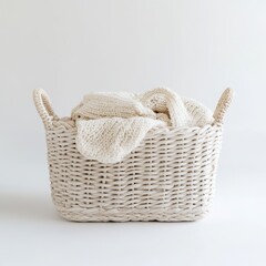 Obraz premium Woven basket with cozy knitted blanket inside.