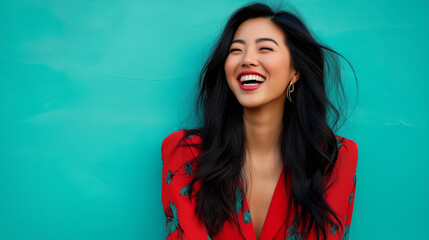 Fototapeta premium Radiant portrait of an Asian woman in a red dress smiling joyfully against a vibrant turquoise background