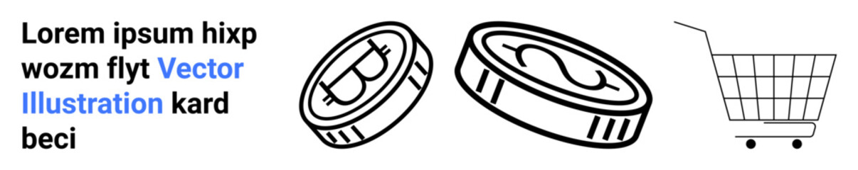 Black and white sketch of two coins beside a shopping cart and placeholder text. Ideal for e-commerce financial transactions digital marketing online retail and shopping ads. Banner for landing page