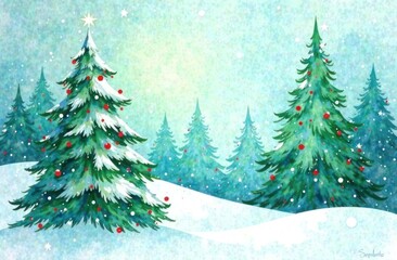 Obraz premium Beautifully decorated Christmas trees in a snowy winter wonderland