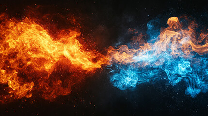 red and blue flames swirling together in a blurred abstract motion symbolizing chaos energy transformation conflict and duality representing both harmony and discord in dynamic tension