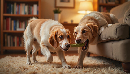 Two playful dogs tugging a toy in a cozy living room with bookshelves.