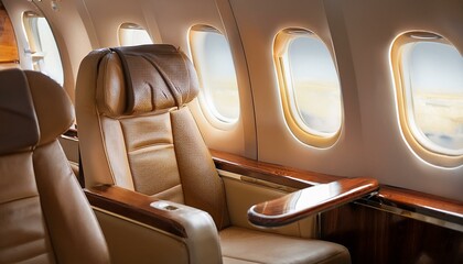 The interior of a premium business class or private plane. Spacious and luxurious seating arrangement