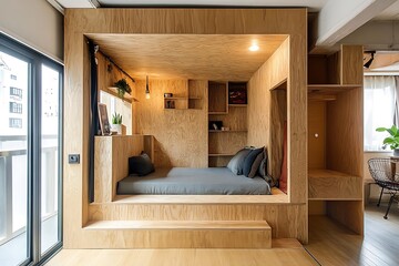 Modern Wooden Platform Bed with Built In Storage and Shelving