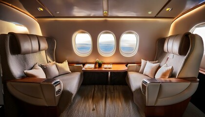 The interior of a premium business class or private plane. Spacious and luxurious seating arrangement