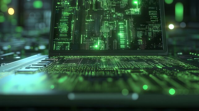Digital technology, software development concept. Coding programmer, software engineer working on laptop with circuit board and javascript on virtual screen, internet of things IoT - Powered by Adobe