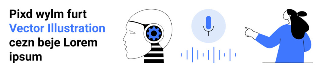 Human head with gear inside, microphone icon for voice recognition, person pointing at microphone icon. Ideal for technology, artificial intelligence, voice assistants, innovation, digital platforms