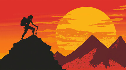 Silhouette of a woman hiker on a mountain peak during sunset for International Women's Day