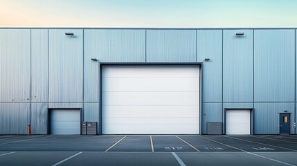 Modern industrial building exterior with blank signage. Large empty loading bay. Structure contemporary design elements. Pale blue corrugated metal panels. Empty white sectional door. Parking spaces